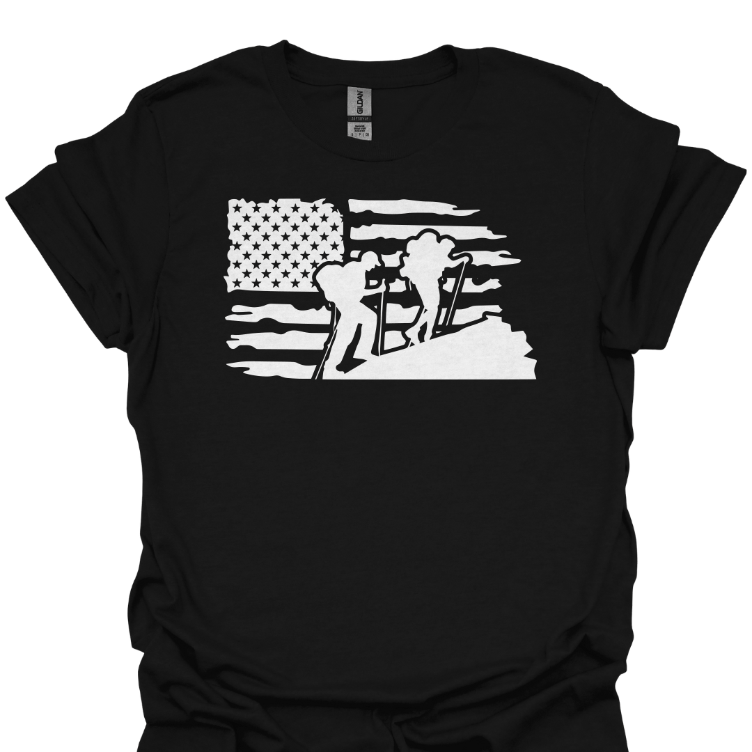 T-Shirt Black / S American Flag Hiking Silhouette – Patriotic Outdoor T-Shirt