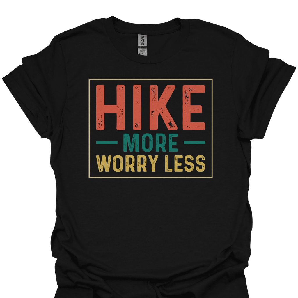 T-Shirt Black / S Hike More Worry Less – Retro Outdoor Motivation T-Shirt