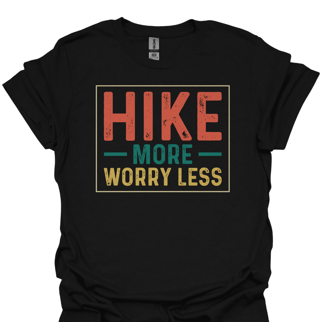 T-Shirt Black / S Hike More Worry Less – Retro Outdoor Motivation T-Shirt