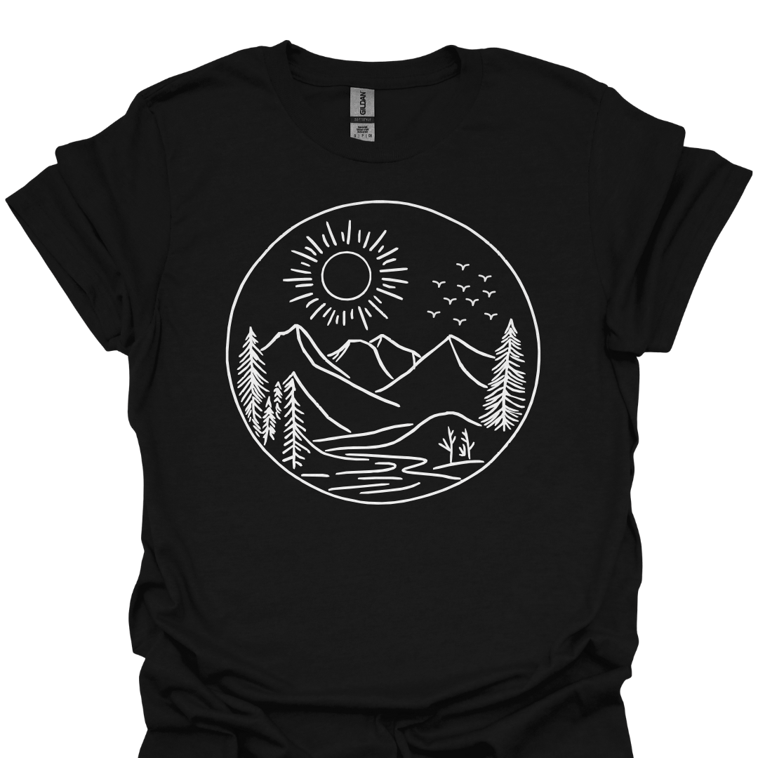 T-Shirt Black / S Mountain Sun & Pines Line Art – Minimalist Nature T-Shirt 🌲