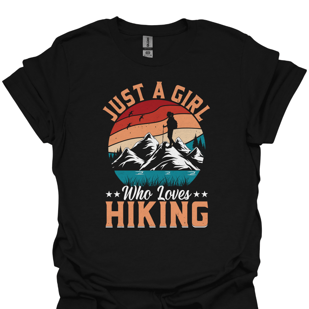 T-Shirt Black / XS Just a Girl Who Loves Hiking – Retro Mountain Adventure T-Shirt