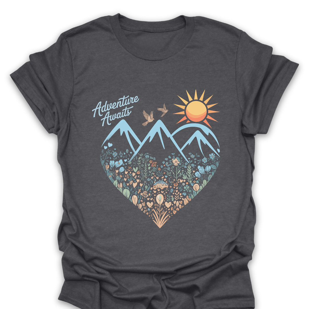 T-Shirt Dark Heather / S Adventure Awaits Mountain Heart T-Shirt