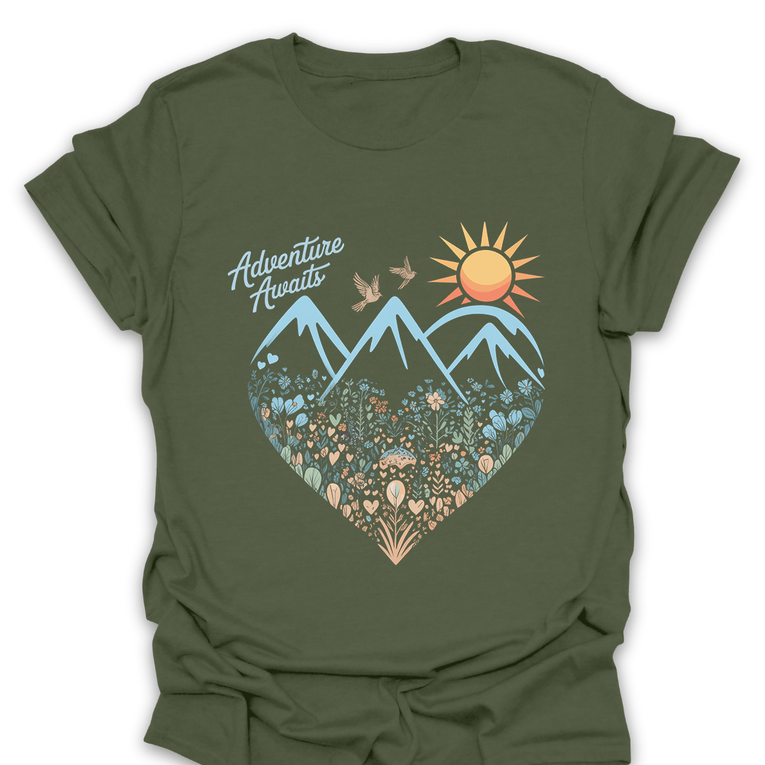 T-Shirt Military Green / S Adventure Awaits Mountain Heart T-Shirt