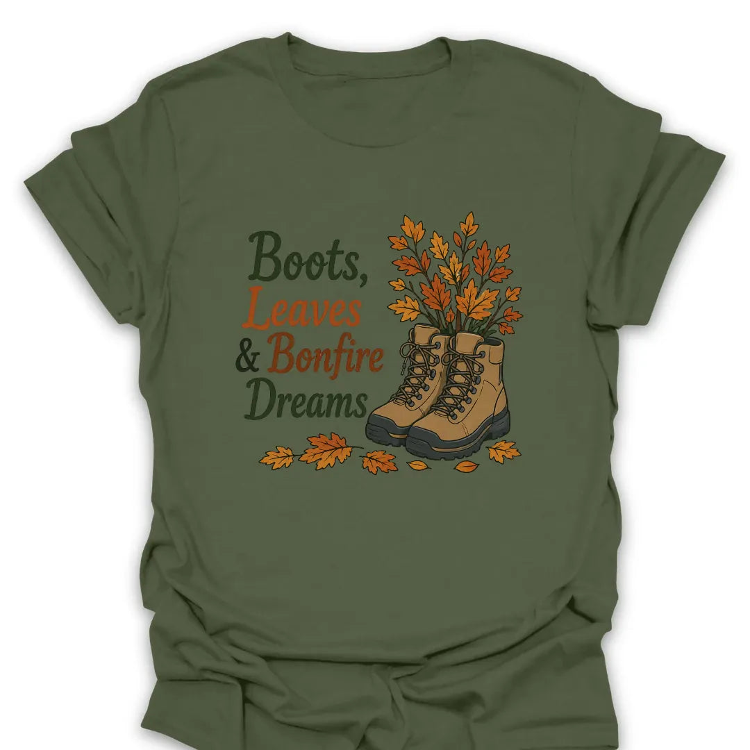 T-Shirt Military Green / S Boots, Leaves & Bonfire Dreams