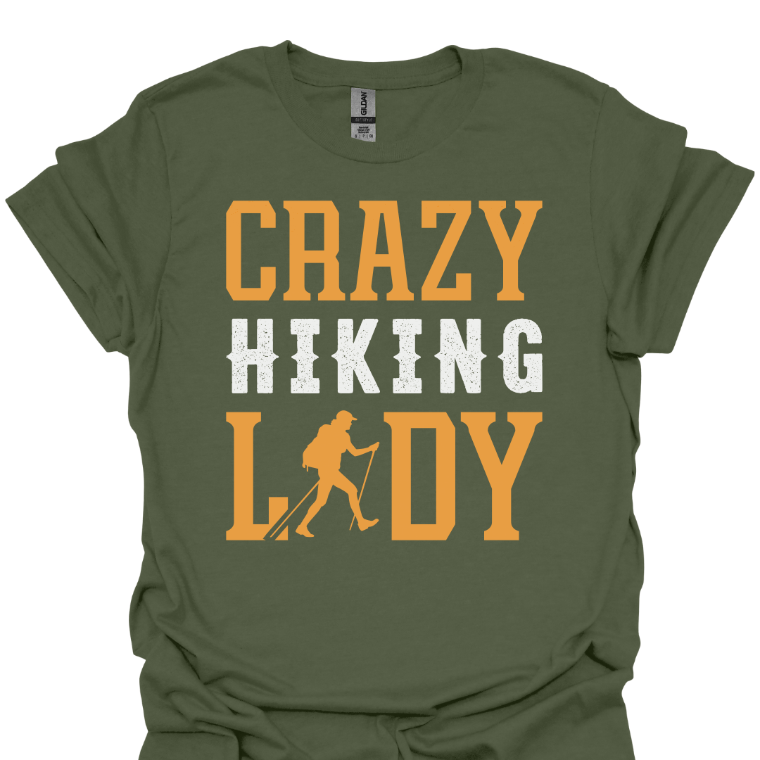 T-Shirt Military Green / S Crazy Hiking Lady – Funny Outdoor Adventure T-Shirt 🥾