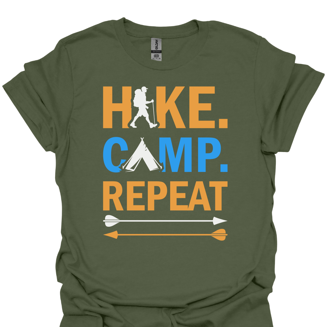 T-Shirt Military Green / S Hike. Camp. Repeat. – Outdoor Adventure T-Shirt 🏕️