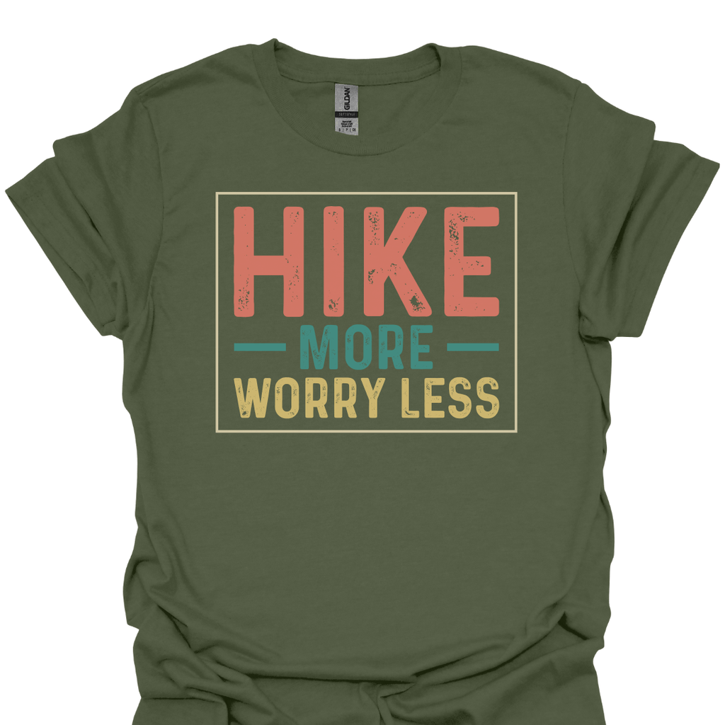 T-Shirt Military Green / S Hike More Worry Less – Retro Outdoor Motivation T-Shirt