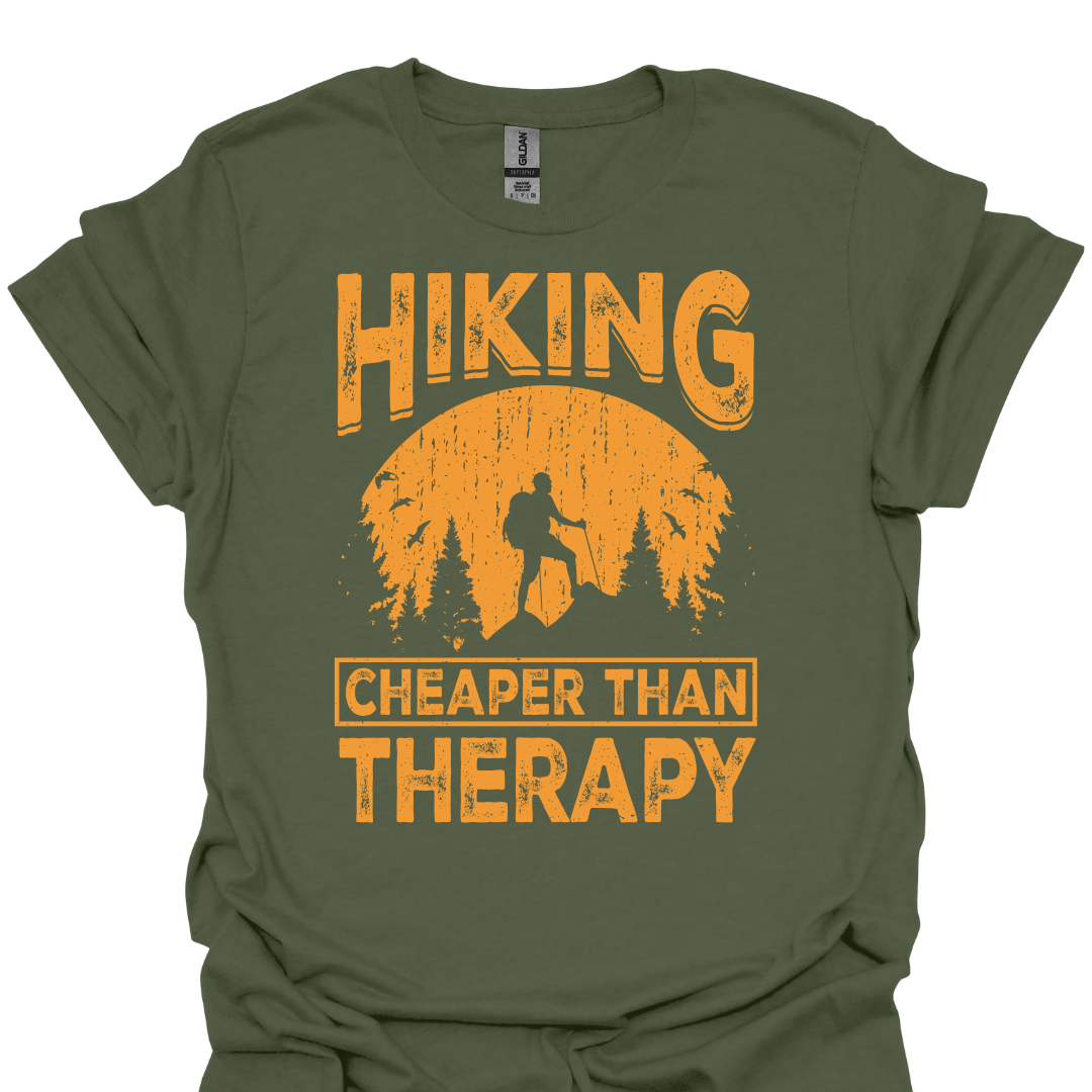T-Shirt Military Green / S Hiking: Cheaper Than Therapy - Funny T-Shirt