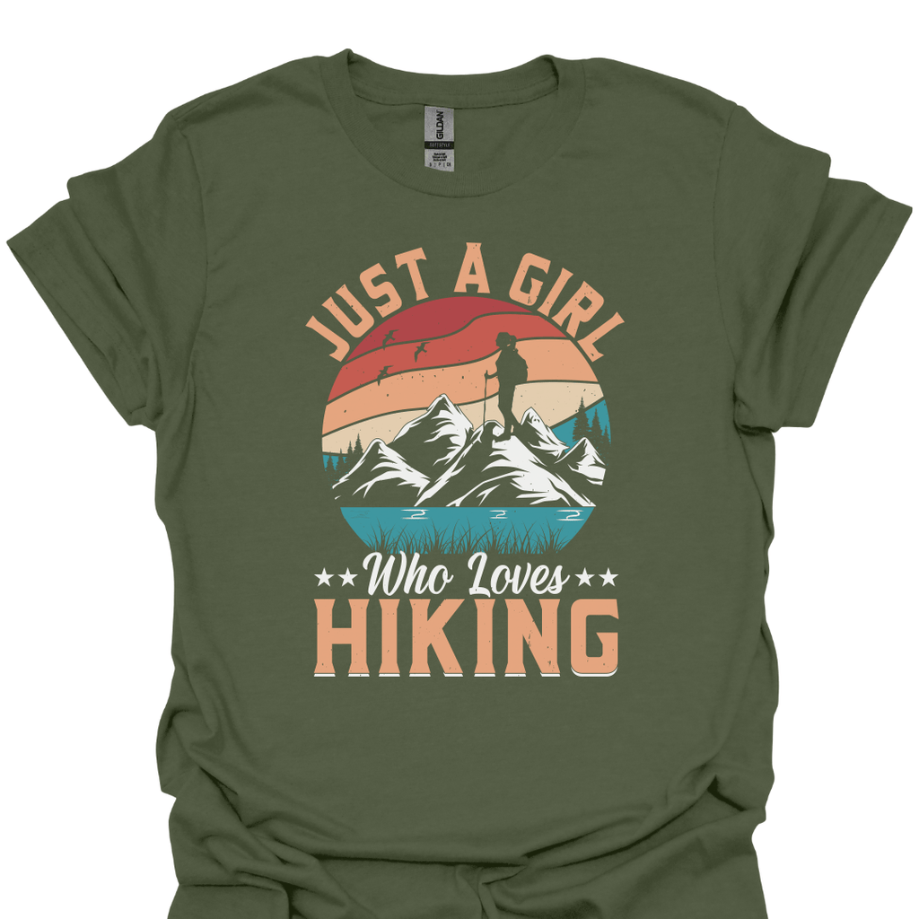 T-Shirt Military Green / S Just a Girl Who Loves Hiking – Retro Mountain Adventure T-Shirt