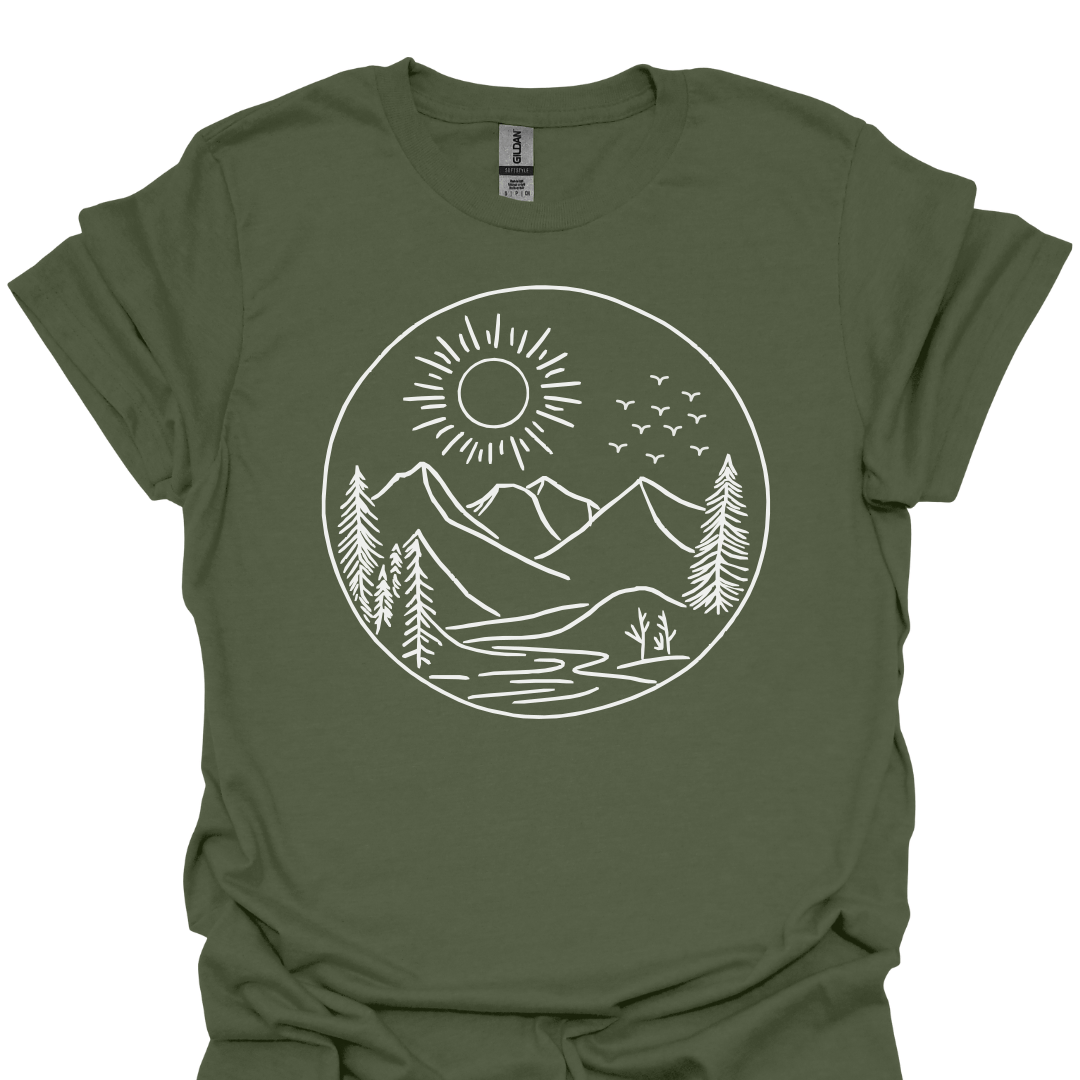 T-Shirt Military Green / S Mountain Sun & Pines Line Art – Minimalist Nature T-Shirt 🌲