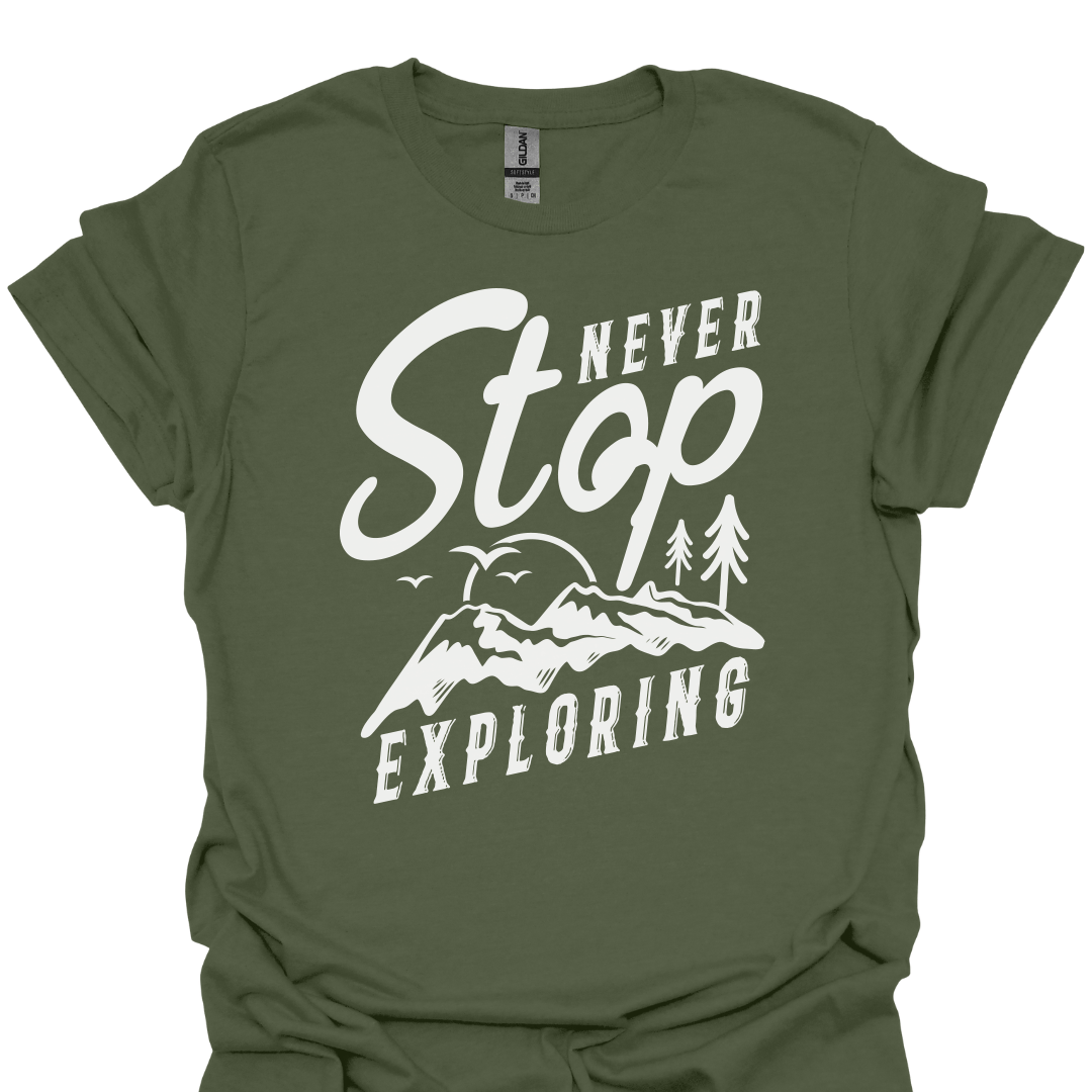 T-Shirt Military Green / S Never Stop Exploring – Mountain Adventure T-Shirt 🧭