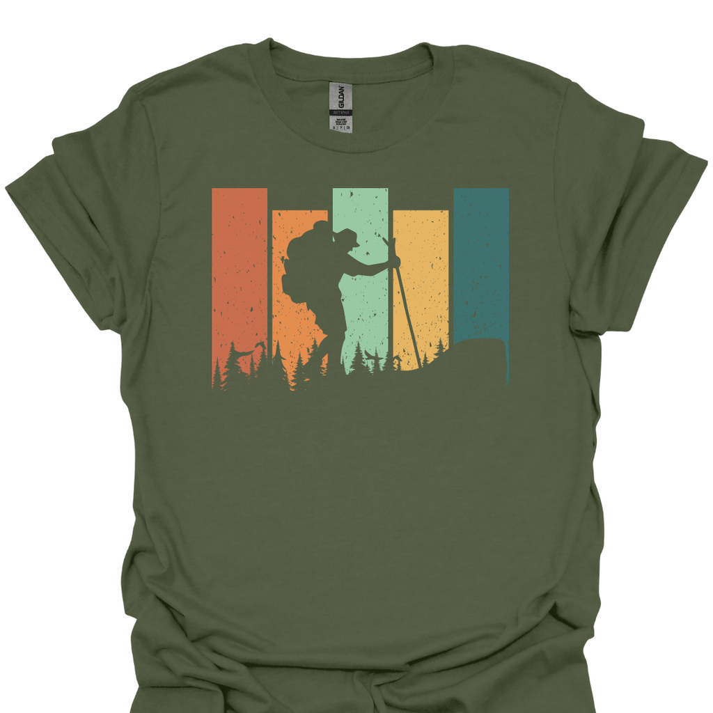 T-Shirt Military Green / S Retro Hiker Silhouette – Vintage Outdoor Adventure T-Shirt