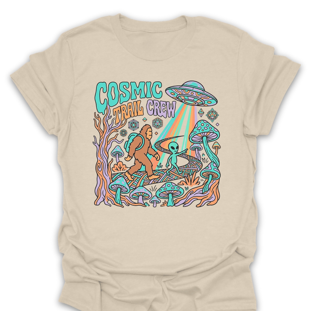T-Shirt Natural / S Bigfoot Meets Aliens Cosmic Trail Crew Tee