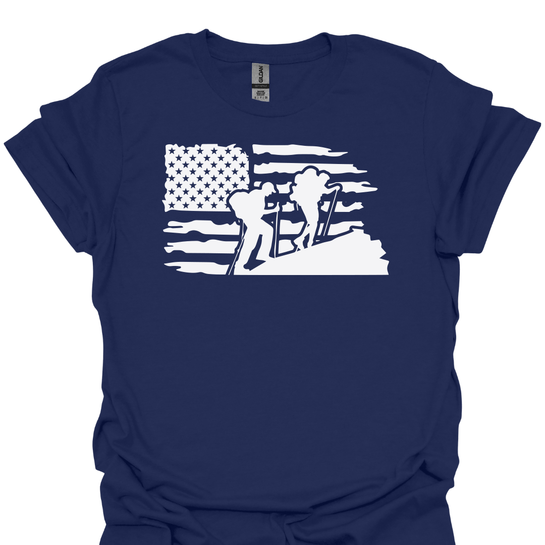 T-Shirt Navy / S American Flag Hiking Silhouette – Patriotic Outdoor T-Shirt