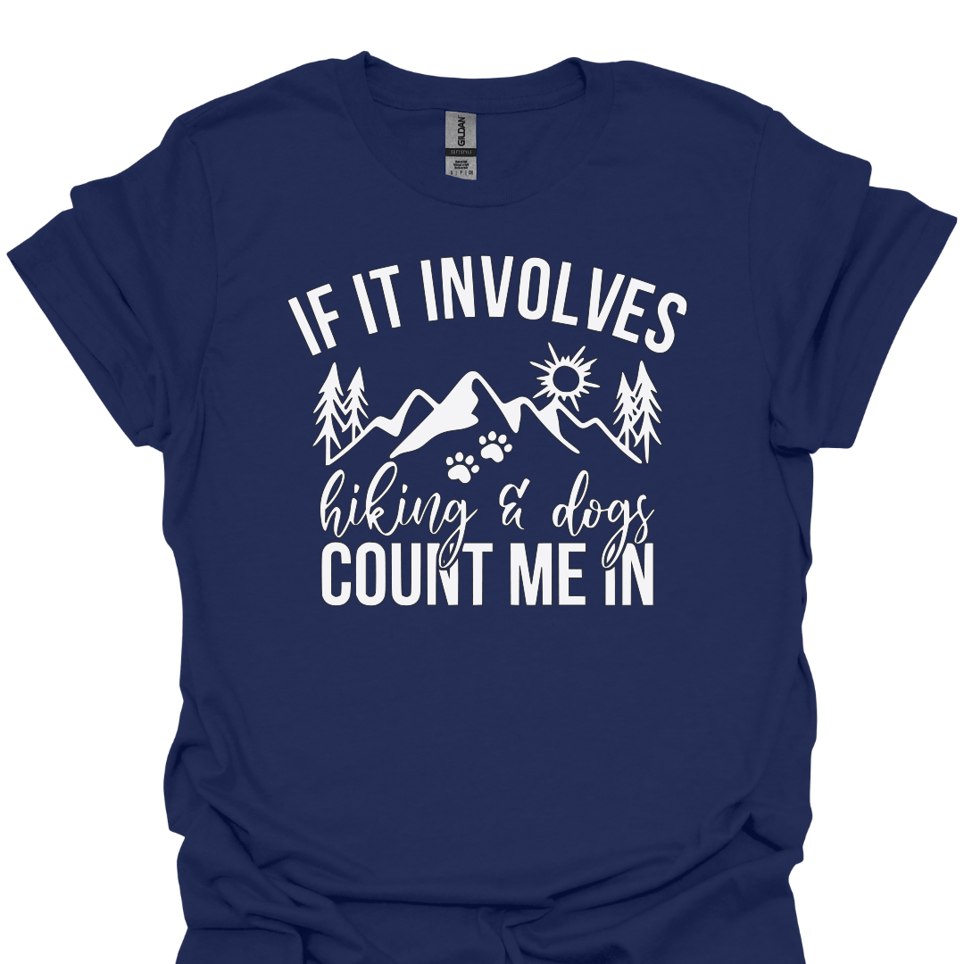 T-Shirt Navy / S If It Involves Hiking and Dogs, Count Me In – Paw Print & Mountain T-Shirt
