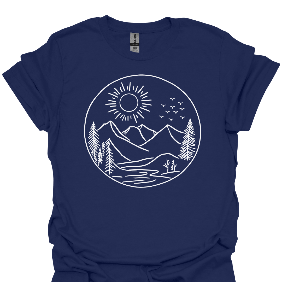 T-Shirt Navy / S Mountain Sun & Pines Line Art – Minimalist Nature T-Shirt 🌲