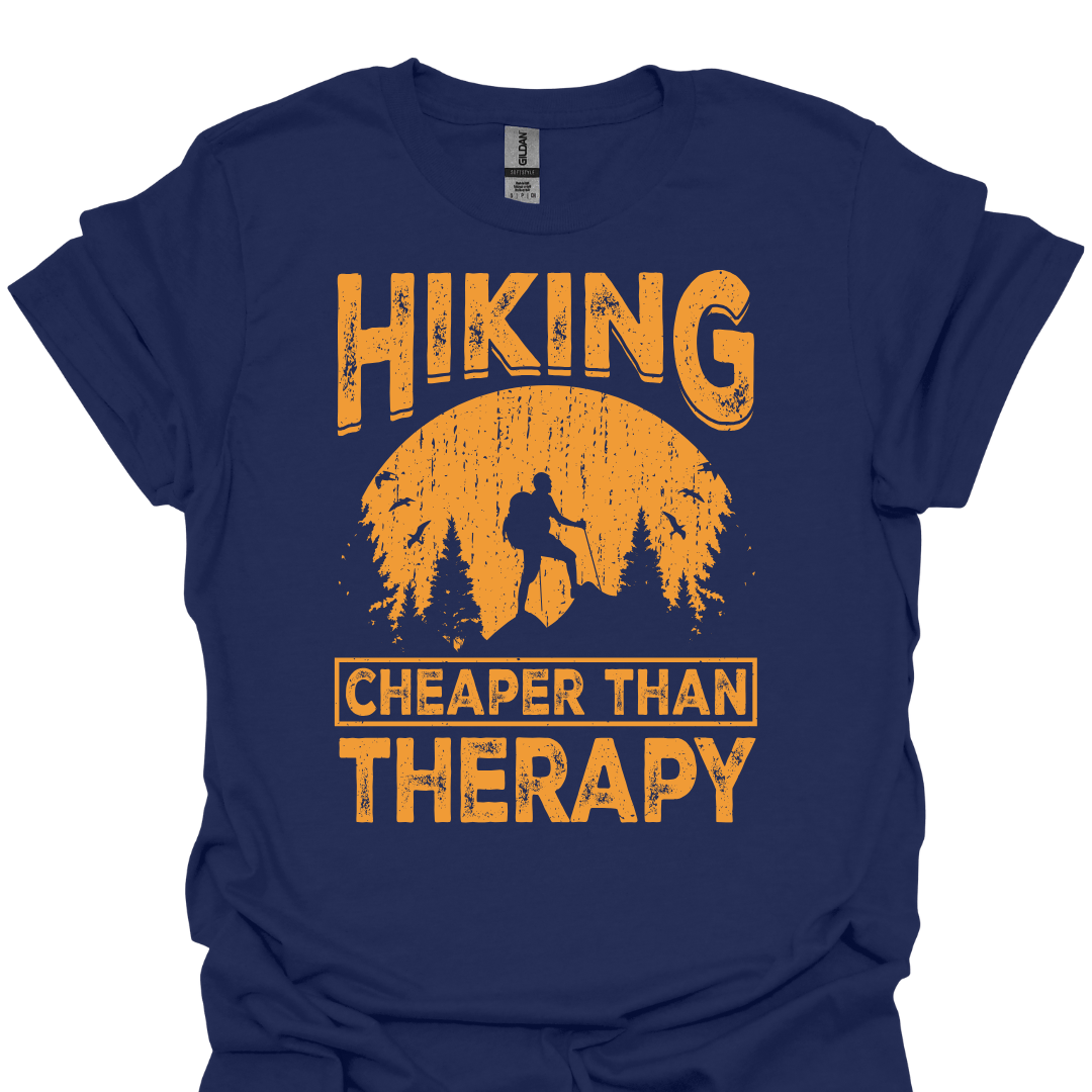 T-Shirt Navy / XS Hiking: Cheaper Than Therapy - Funny T-Shirt