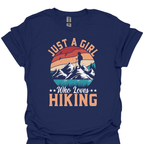 T-Shirt Navy / XS Just a Girl Who Loves Hiking – Retro Mountain Adventure T-Shirt
