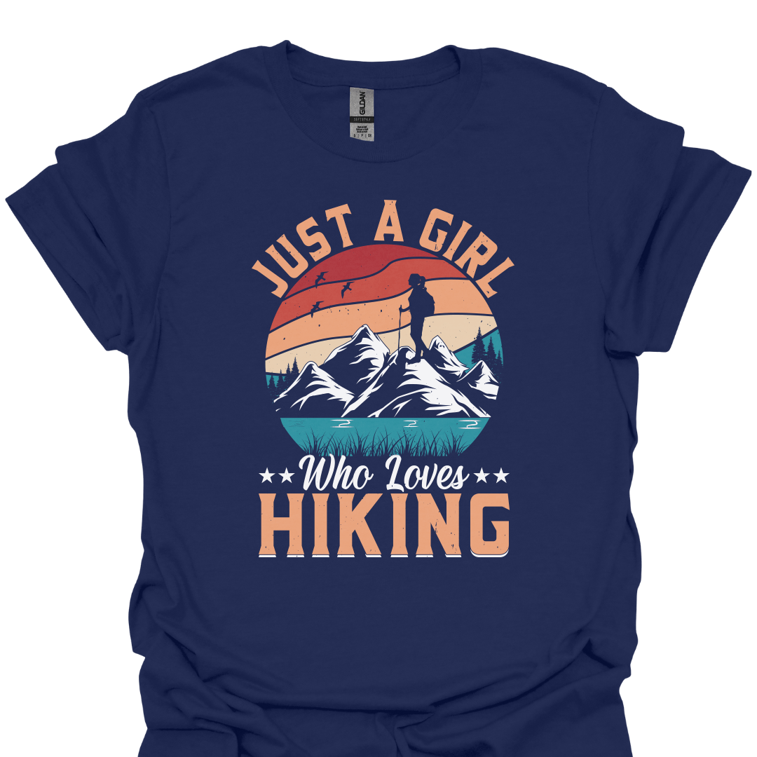 T-Shirt Navy / XS Just a Girl Who Loves Hiking – Retro Mountain Adventure T-Shirt